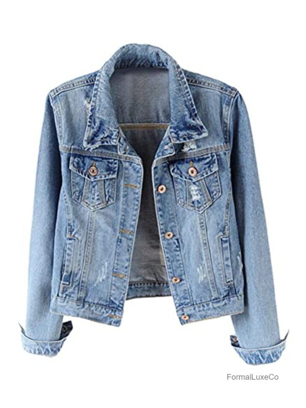 Distressed Ripped Denim Jacket Women Cotton Blend Long Sleeve Trucker Jean Coat